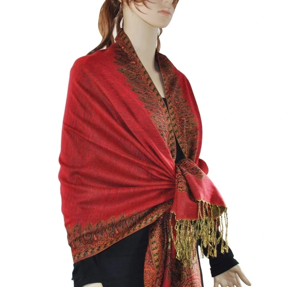 RED Pashmina Style Border Pattern Scarf/ Shawl NEW